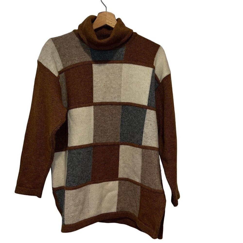 Vintage LambWool Cashmee Blend Patchwork Turtleneck Sweater Women Size Medium